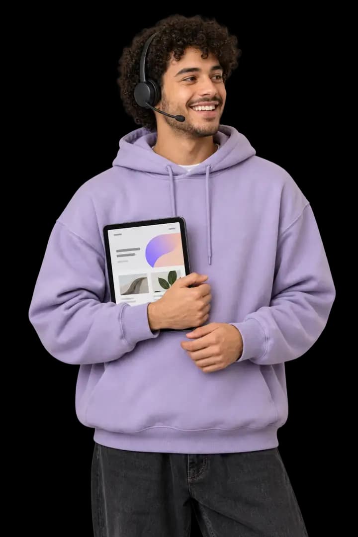 Person on a support call holding a tablet