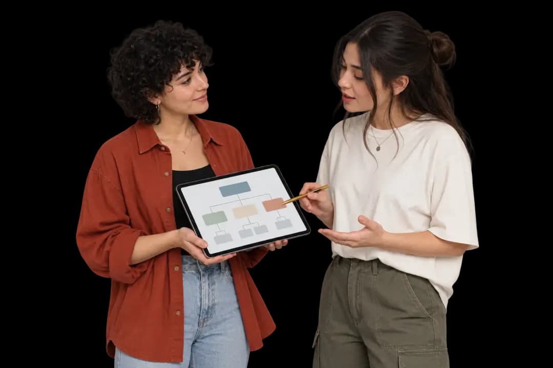 Two people discussing page designs on a tablet