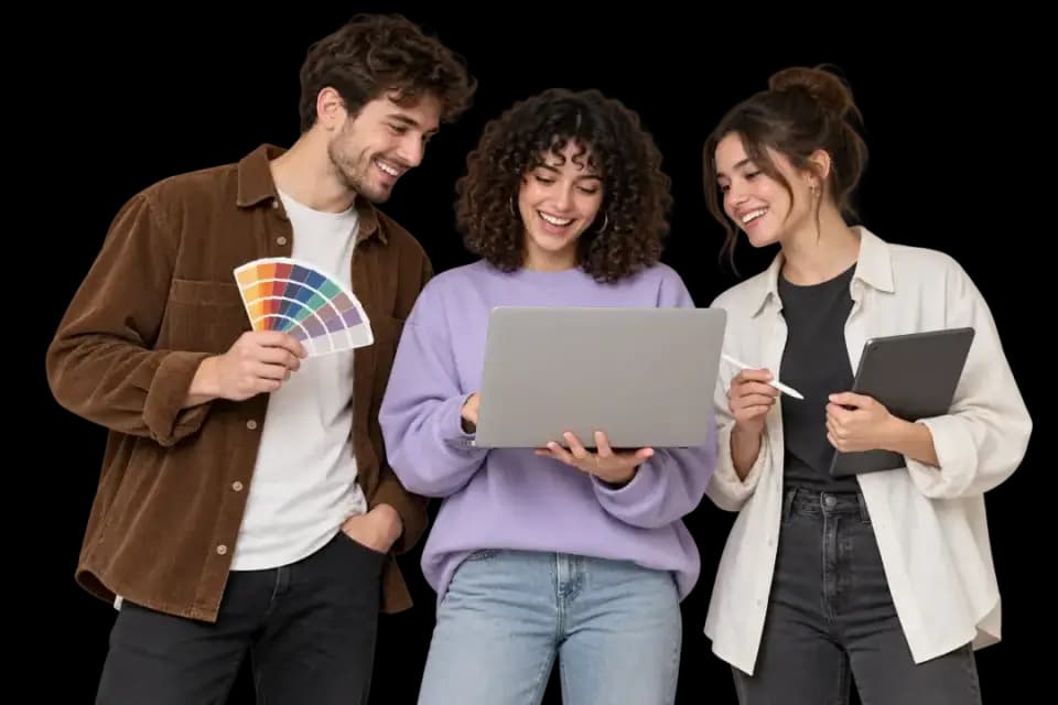 Three people reviewing brand colours and a website on a laptop