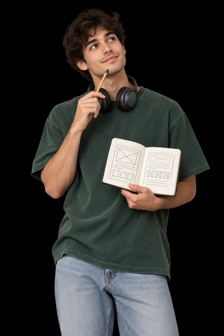 Person pausing to think while holding an open notebook