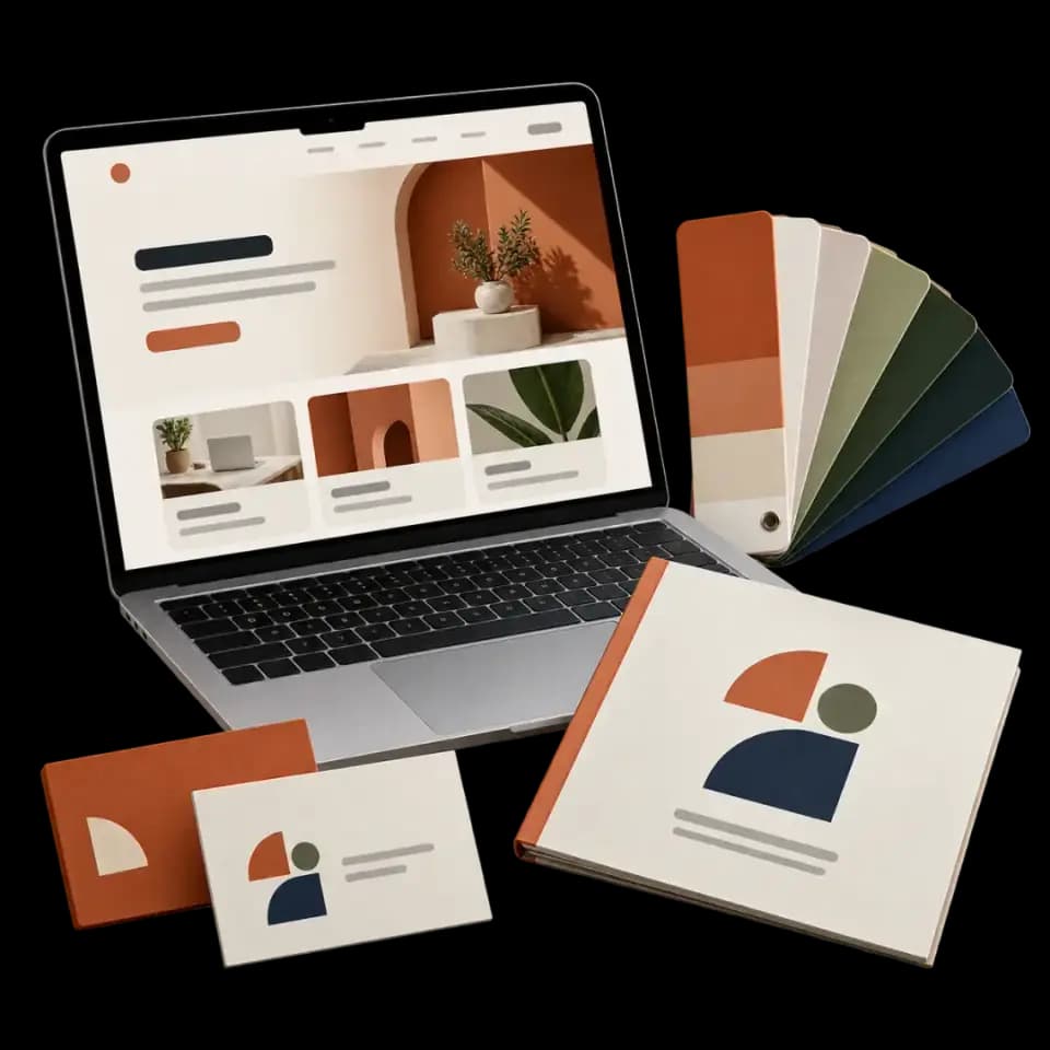 Refreshed identity shown across a website, swatches, and printed cards