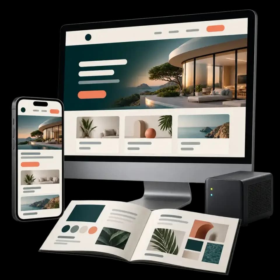 Complete business website shown on desktop, phone, and printed brochure